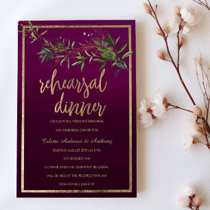 Burgundy ombre green gold foliage Rehearsal Dinner Invitation