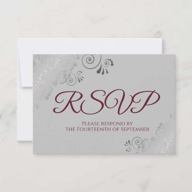 Burgundy on Grey Elegant Silver Lace Wedding RSVP Card (Front)