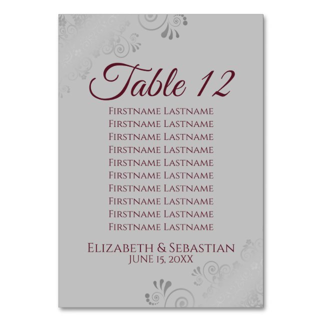 Burgundy on Grey Elegant Wedding Seating Chart Table Number (Front)