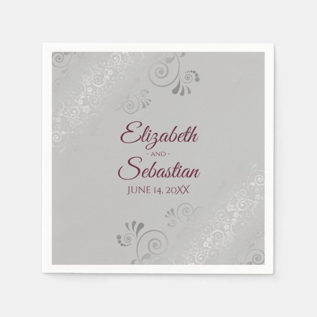 Burgundy on Grey Silver Frills Elegant Wedding Napkin (Front)