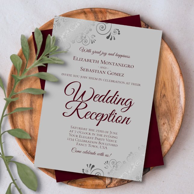 Burgundy on Grey Silver Frills Wedding Reception Invitation (Creator Uploaded)