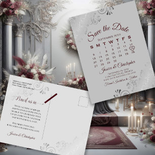 Burgundy on Grey Wedding Save the Date Calendar Announcement Postcard