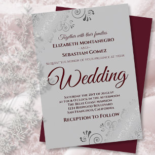 Burgundy on Grey with Lacy Silver Frills Wedding Invitation