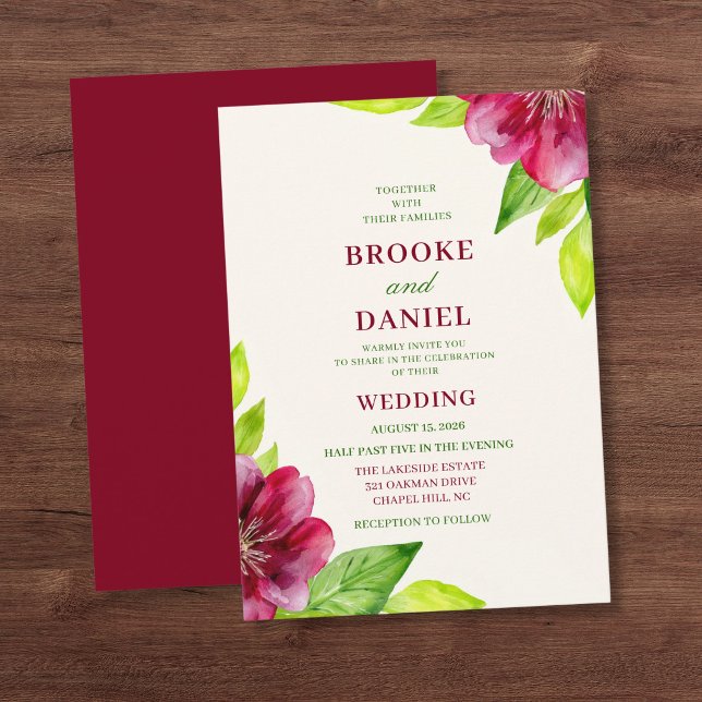 Burgundy Open Bloom Lime Leaf Wedding Invitation (Creator Uploaded)