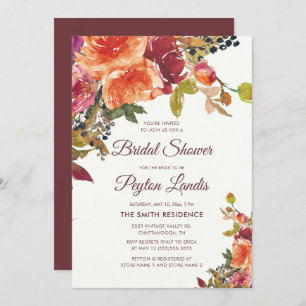 Burgundy Orange Blue Floral Leaves Bridal Shower Invitation