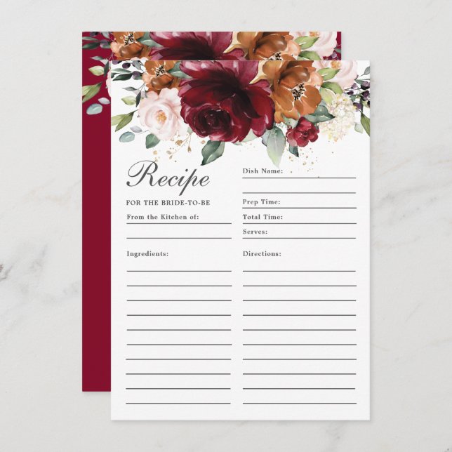 Burgundy Orange Blush Floral Recipe For Bride Card (Front/Back)