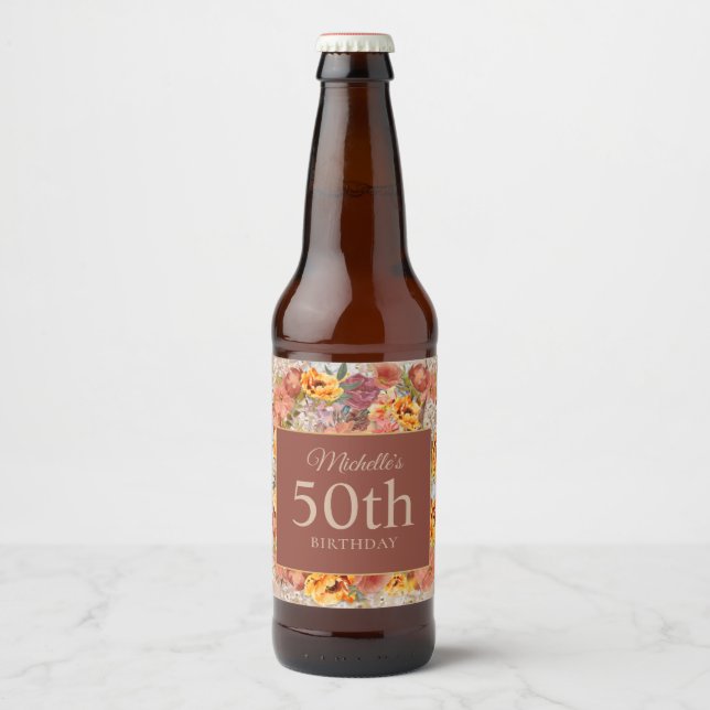 Burgundy Orange Cream Floral Birthday Name Age Beer Bottle Label (Front)