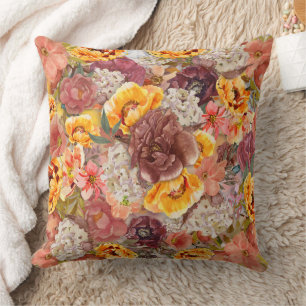 Burgundy Orange Cream Floral Khaki Fall Autumn  Cushion