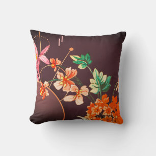 Burgundy & Orange Elegant Blooming Floral Cushion