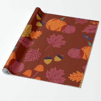 Burgundy Orange Elegant Illustrated Pumpkin Leaves Wrapping Paper