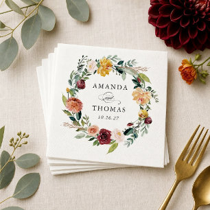 Burgundy Orange Fall Floral Wedding Napkins
