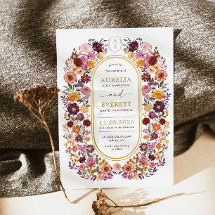 Burgundy Orange Fall Wildflower Garden Wedding Invitation
