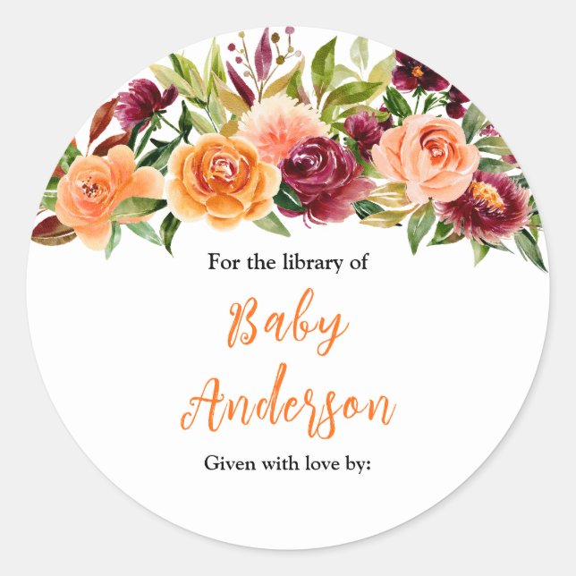 Burgundy Orange Floral Baby Shower Bookplate Classic Round Sticker (Front)