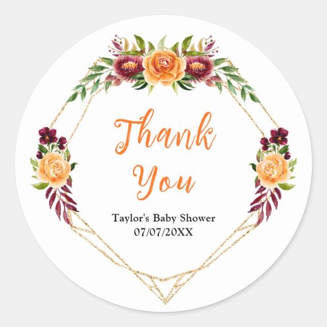 Burgundy Orange Floral Baby Shower Thank You Classic Round Sticker (Front)