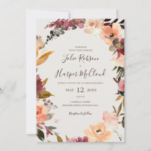 Burgundy Orange Floral   Beige  All In One Wedding Invitation