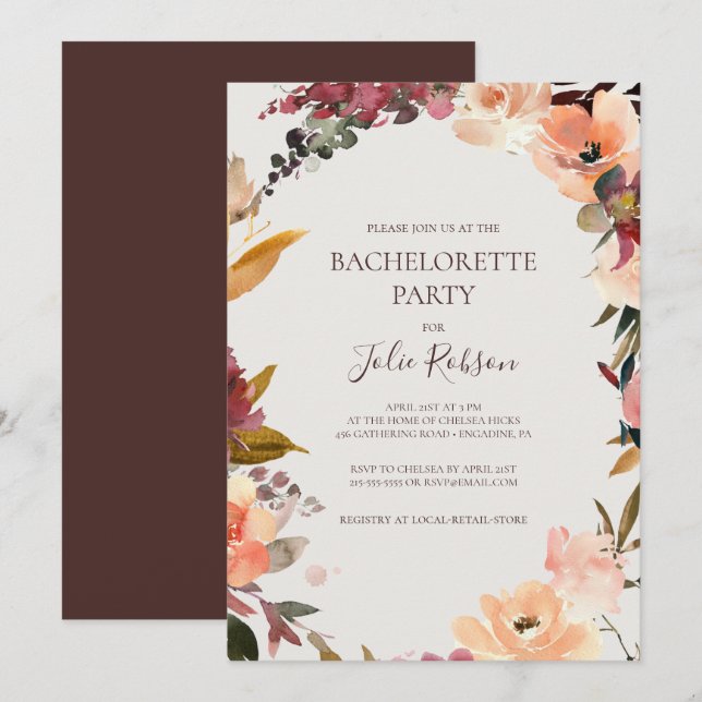 Burgundy Orange Floral | Beige Bachelorette Party Invitation (Front/Back)
