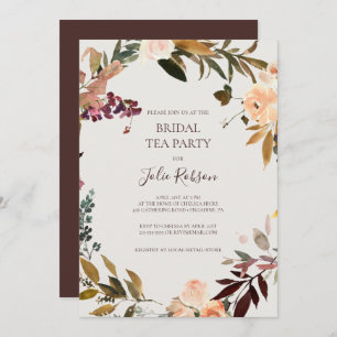 Burgundy Orange Floral   Beige Bridal Tea Party Invitation