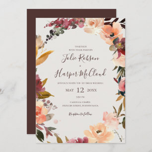 Burgundy Orange Floral   Beige Casual Wedding Invitation