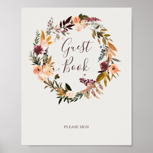 Burgundy Orange Floral | Beige Guest Book Sign (Front)