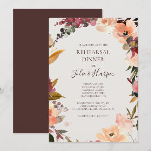 Burgundy Orange Floral   Beige Rehearsal Dinner Invitation