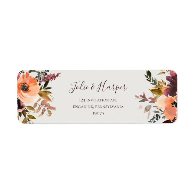 Burgundy Orange Floral Beige Return Address Label (Front)