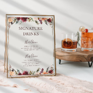 Burgundy Orange Floral Beige Signature Drinks Poster