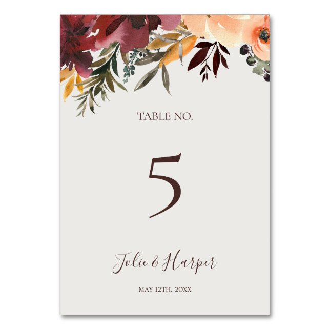 Burgundy Orange Floral | Beige Table Number (Front)
