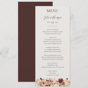 Burgundy Orange Floral Beige Wedding Dinner Menu