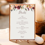 Burgundy Orange Floral Beige Wedding Drinks Menu  Poster<br><div class="desc">This burgundy orange floral beige wedding drinks menu sign is perfect for your rustic boho blush, dark green, and gold garden wedding. Design features a wreath or bouquet of minimalist watercolor peach, dusty rose, purple, and light pink florals along with copper, evergreen, yellow, and rust-coloured greenery. The flowers in this...</div>
