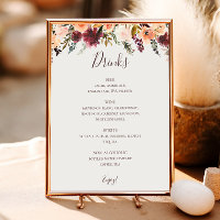 Burgundy Orange Floral Beige Wedding Drinks Menu 