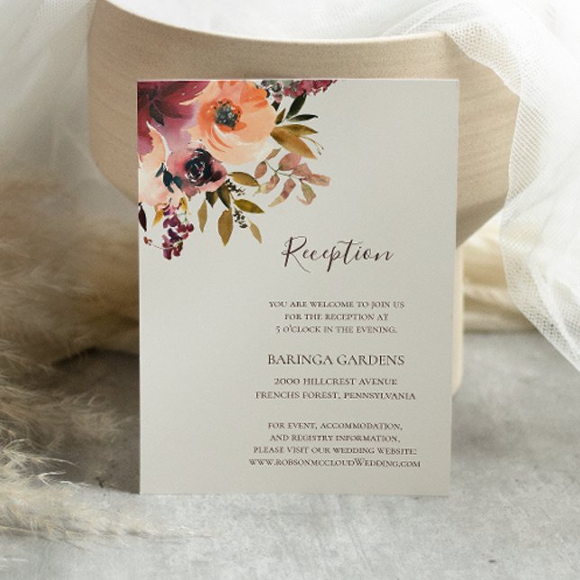 Burgundy Orange Floral | Beige Wedding Reception Enclosure Card (Creator Uploaded)