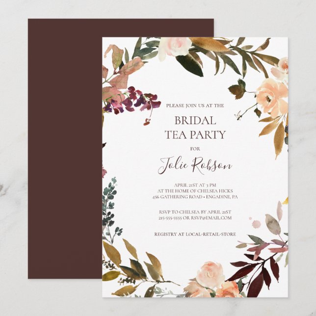 Burgundy Orange Floral Bridal Tea Party Invitation (Front/Back)