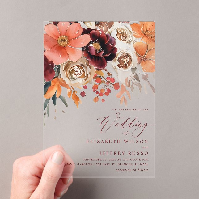 Burgundy Orange Floral Fall Wedding Acrylic Invitations (Insitu (Handheld))