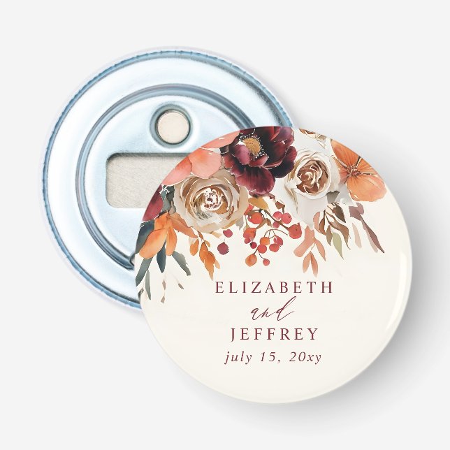 Burgundy Orange Floral Fall Wedding Bottle Opener (Front)