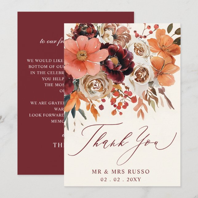 Burgundy Orange Floral Fall Wedding  Thank You Card (Front/Back)