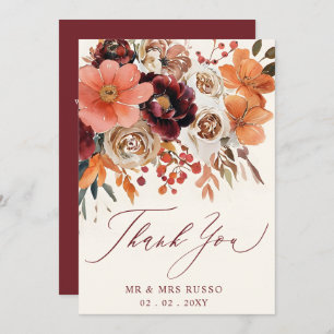 Burgundy Orange Floral Fall Wedding Thank You Card