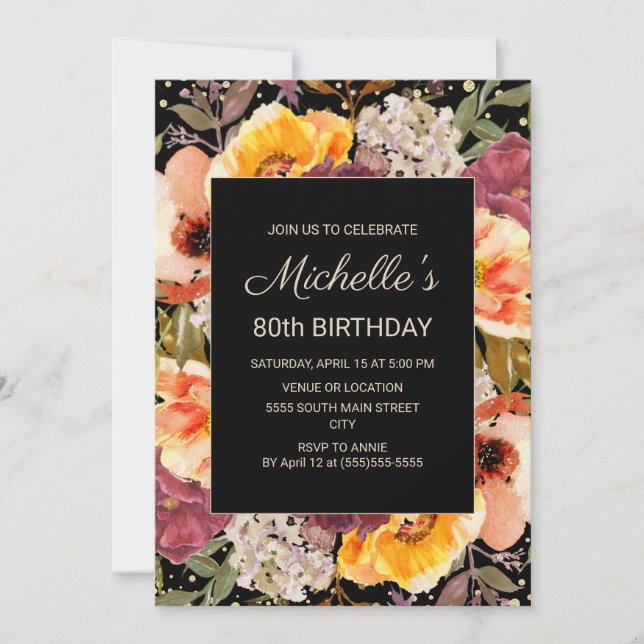Burgundy Orange Floral Gold Black 80th Birthday Invitation (Front)