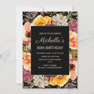Burgundy Orange Floral Gold Black 80th Birthday Invitation