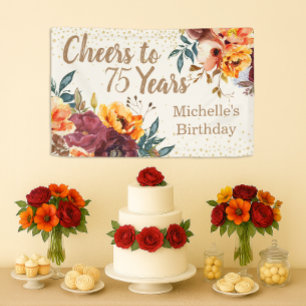 Burgundy Orange Floral Gold Cheers 75 Years Banner