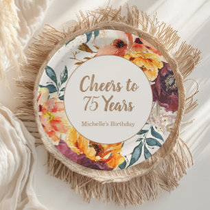 Burgundy Orange Floral Gold Cheers 75 Years Paper Plate