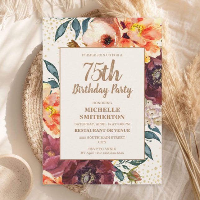 Burgundy Orange Floral Gold Glitter 75th Birthday Invitation (Orange and burgundy watercolor floral and gold glitter 75th birthday party invitation)