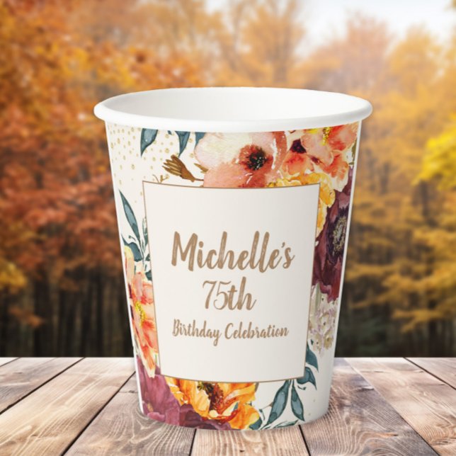 Burgundy Orange Floral Gold Glitter 75th Birthday Paper Cups (Orange and burgundy watercolor floral 75th birthday party paper cup)