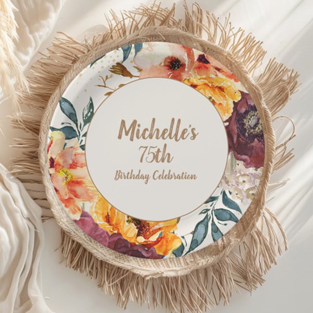 Burgundy Orange Floral Gold Glitter 75th Birthday Paper Plate (Orange and burgundy watercolor floral 75th birthday party paper plates)