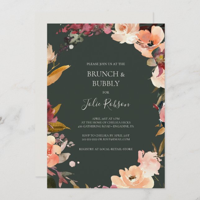Burgundy Orange Floral | Green Brunch and Bubbly Invitation (Front/Back)