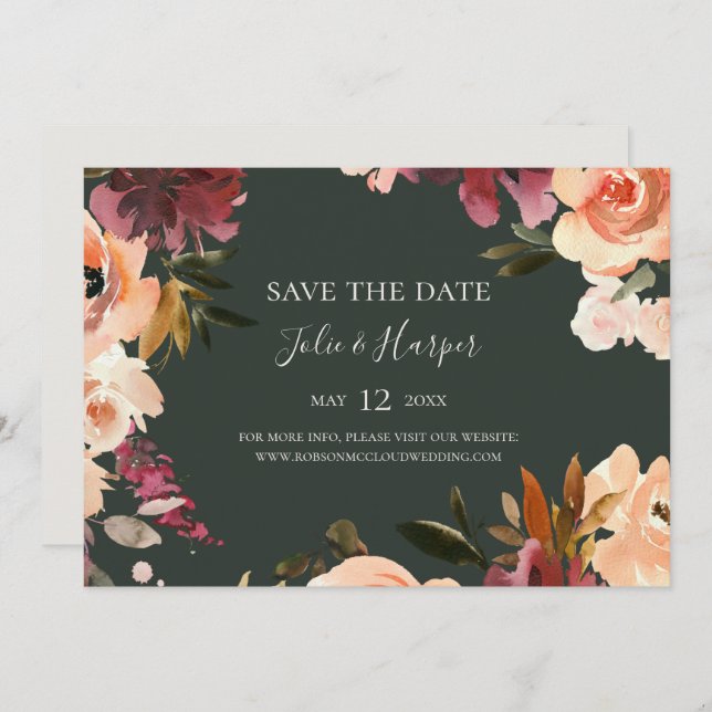 Burgundy Orange Floral Green Horizontal Save The Date (Front/Back)