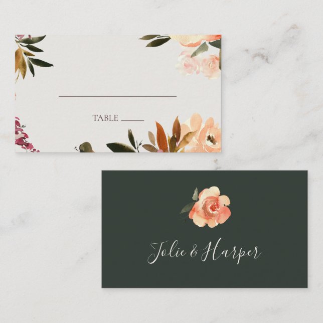 Burgundy Orange Floral | Green Place Card (Front/Back)