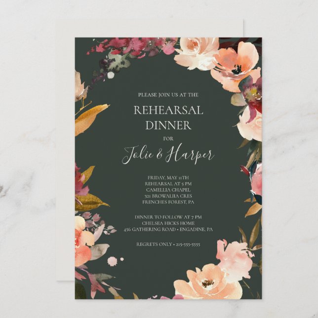Burgundy Orange Floral | Green Rehearsal Dinner Invitation (Front/Back)
