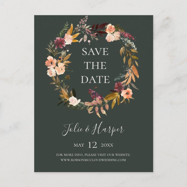 Burgundy Orange Floral Green Save The Date Invitat Invitation Postcard (Front)