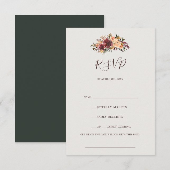 Burgundy Orange Floral Green Song Request RSVP Card (Front/Back)