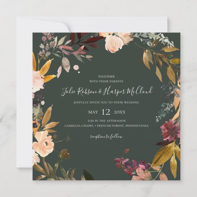 Burgundy Orange Floral | Green Square Wedding Invitation (Front)